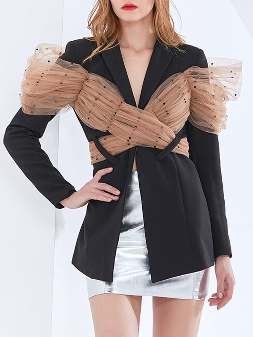 Black Notch Lapel Polka Dot Mesh Bow Wrap Blazer 8