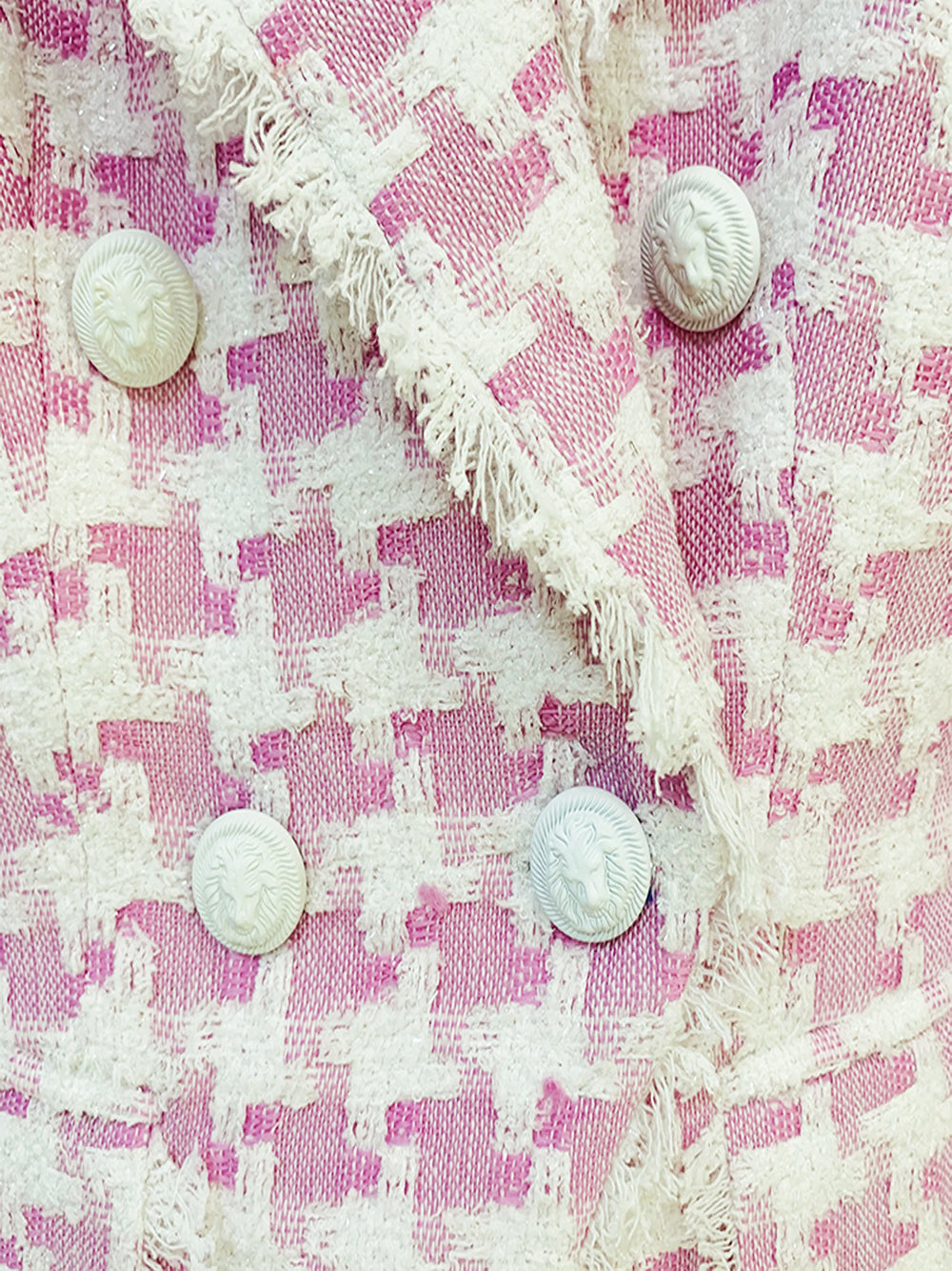 Pink Shawl Collar Double Breasted Houndstooth Tweed Blazer 14