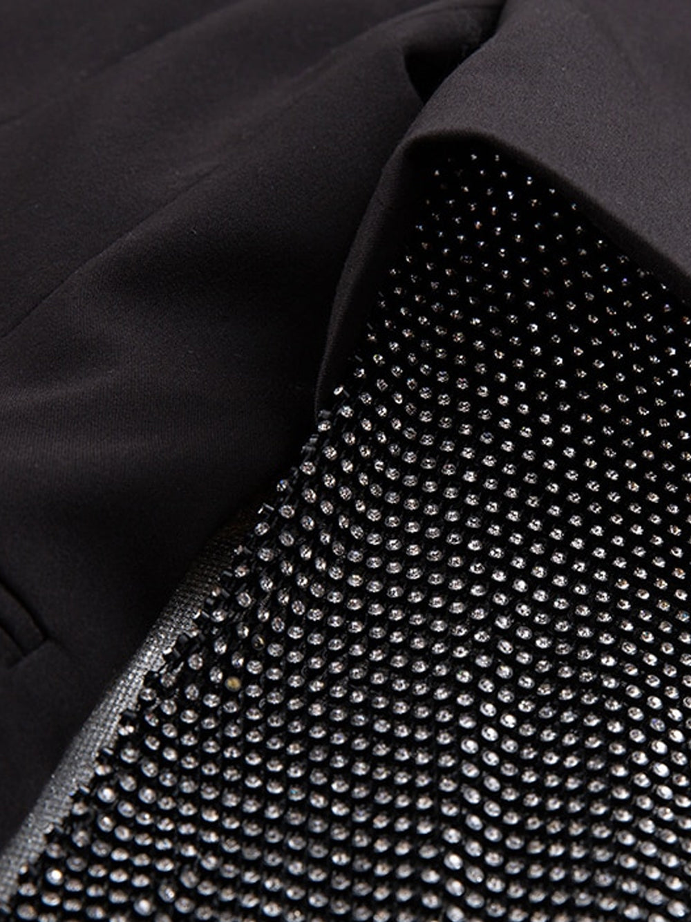 Black Peak Lapel Rhinestone Mesh Sleeve Pocket Square Blazer 8