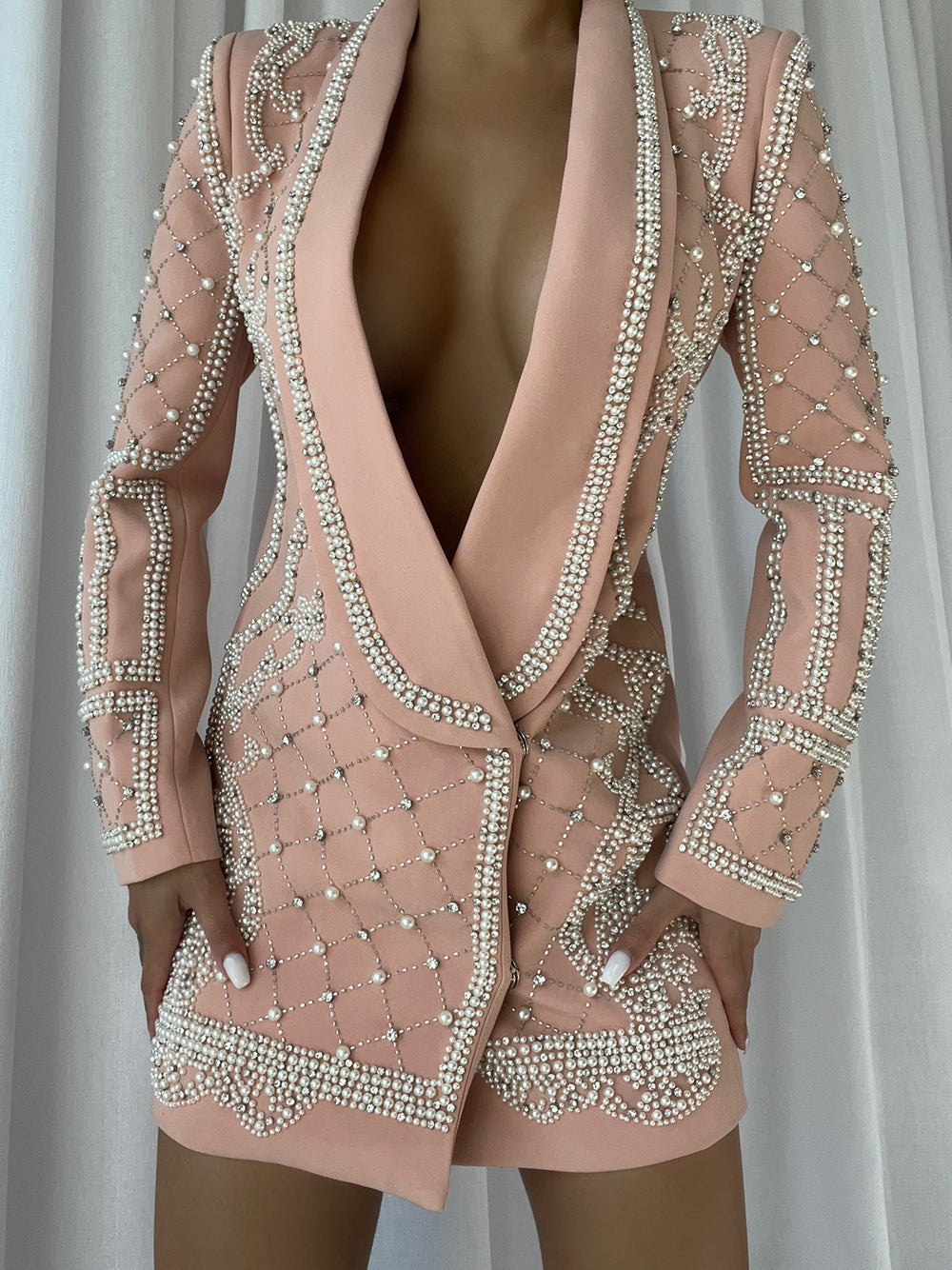 Nude Shawl Lapel Pearl Rhinestone Embellished Blazer Mini Dress