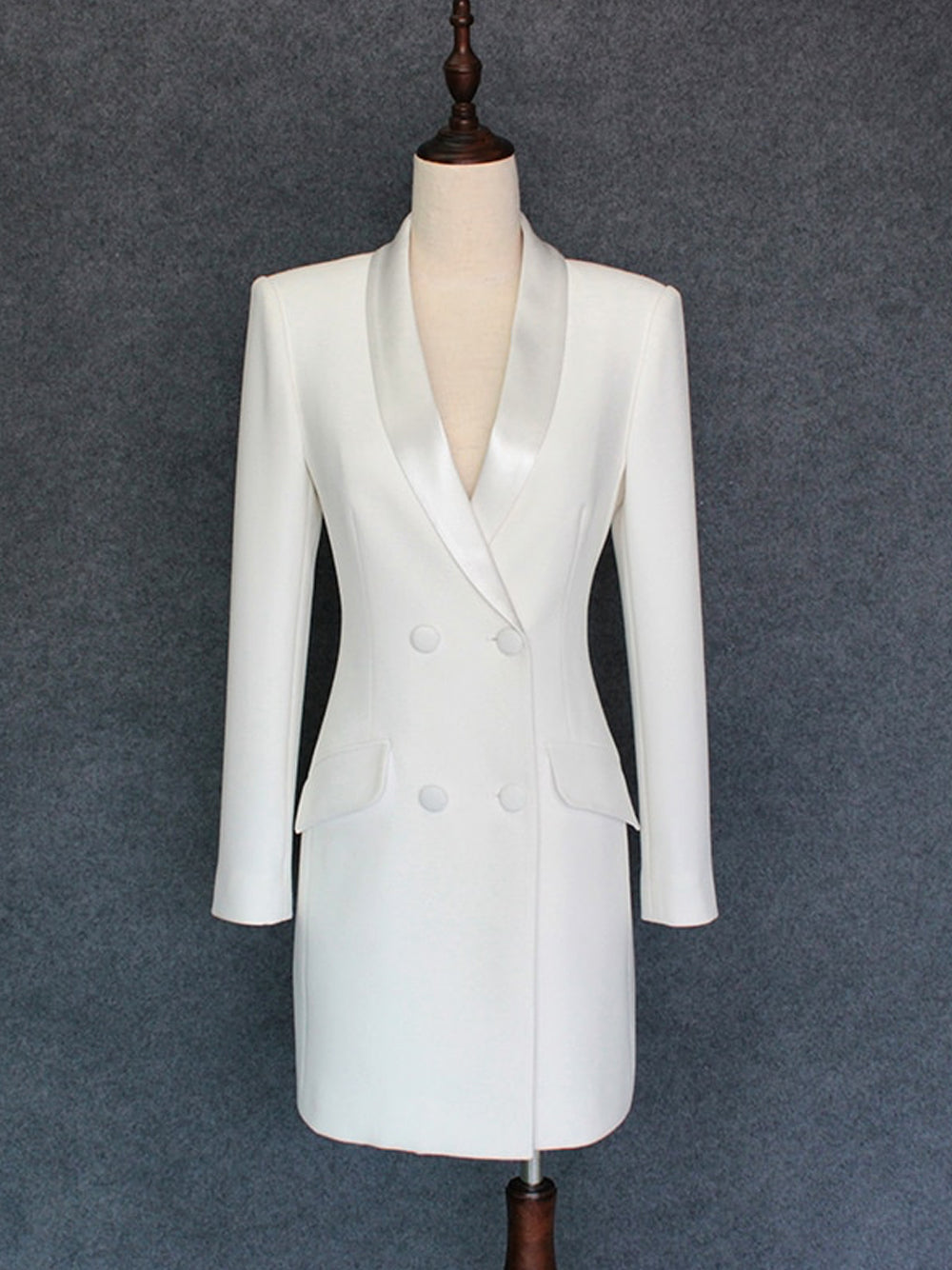 White Shawl Collar Double Breasted Long Sleeve Blazer Mini Dress 13