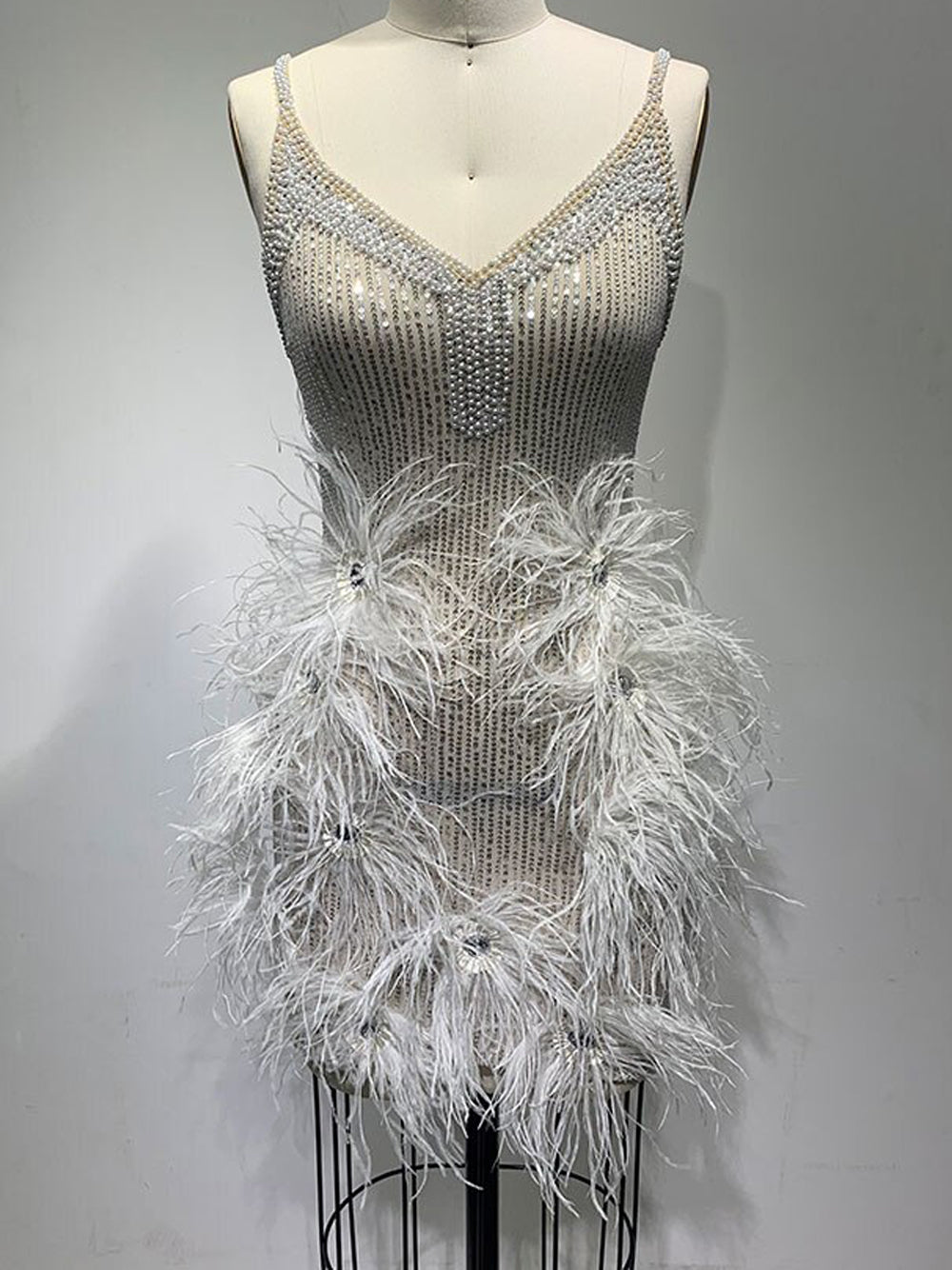 White Spaghetti Strap V-Neck Rhinestone Feather Trim Bodycon Mini Dress 8