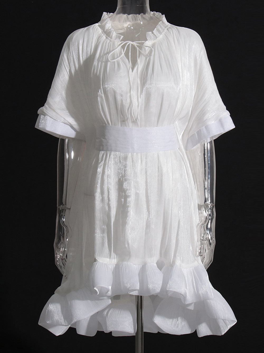 Tie Neck Ruffle Hem Batwing Sleeve Belted Flared Mini Dress