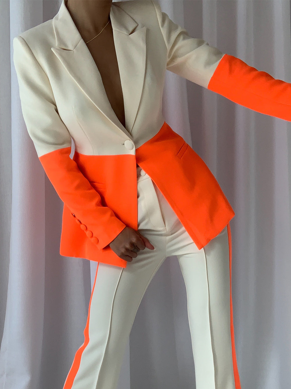 Orange Notch Lapel Color Block Blazer And Flare Pants Set 6