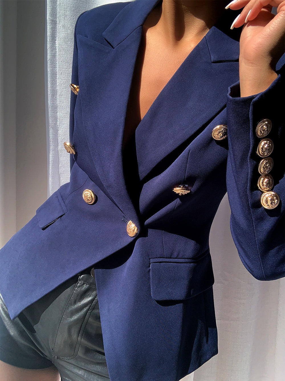 Dark Blue Peaked Lapel Gold Button Double-Breasted Fitted Blazer 7