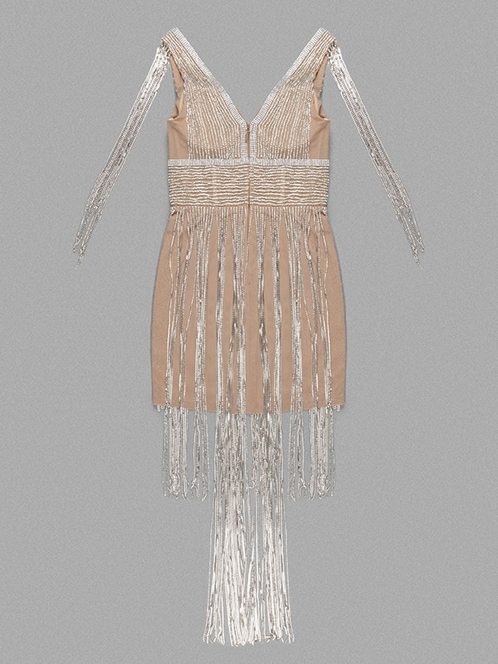 Beige V-Neck Rhinestone Tassel Fringe Bodycon Mini Dress
