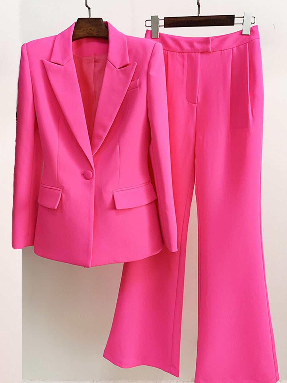 Fuchsia Peak Lapel Plunge Blazer and Flared Pants Set