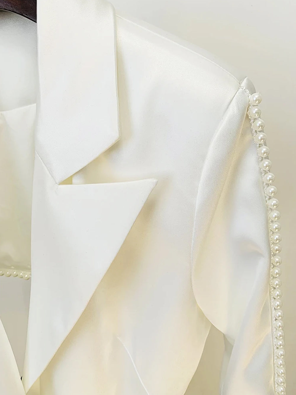 White Rosette Applique Satin Blazer and Pearl Beaded Pants Set