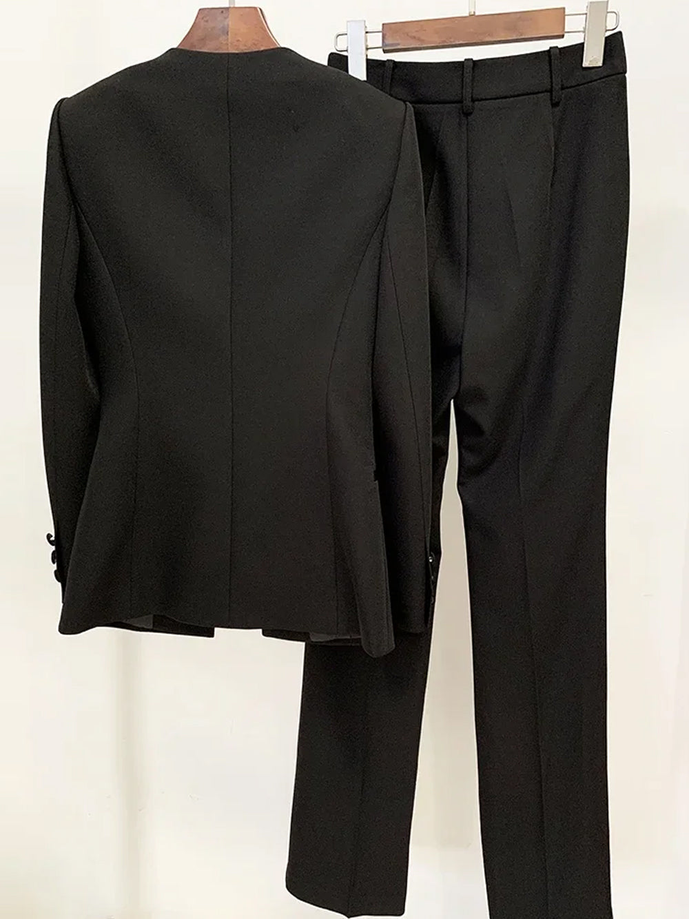 Black Collarless Plunge Cutout Blazer and Split Leg Pants Set
