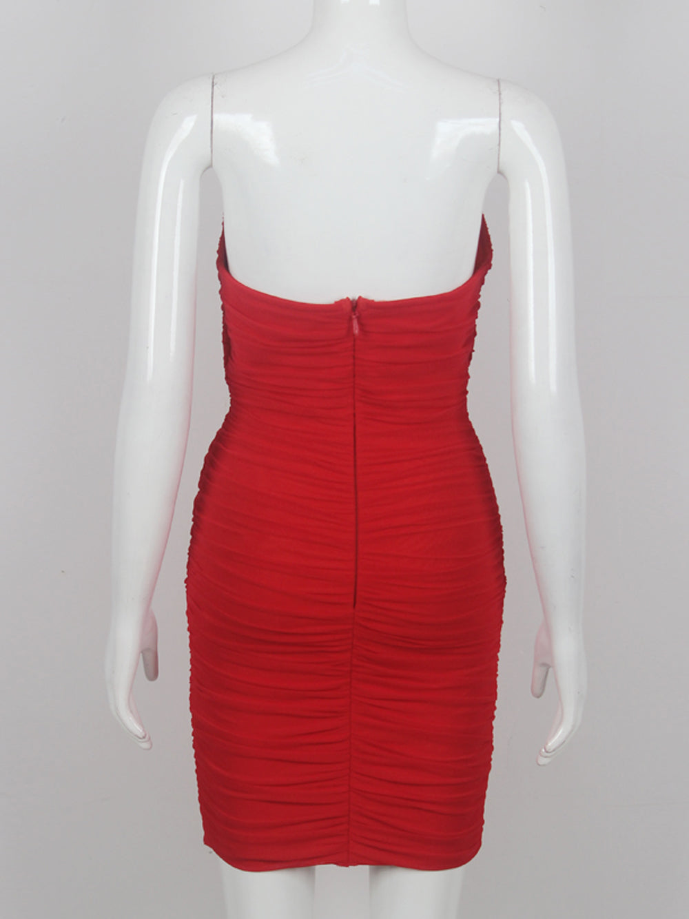 Red Plunge Neck Rosette Applique Halter Ruched Bodycon Mini Dress