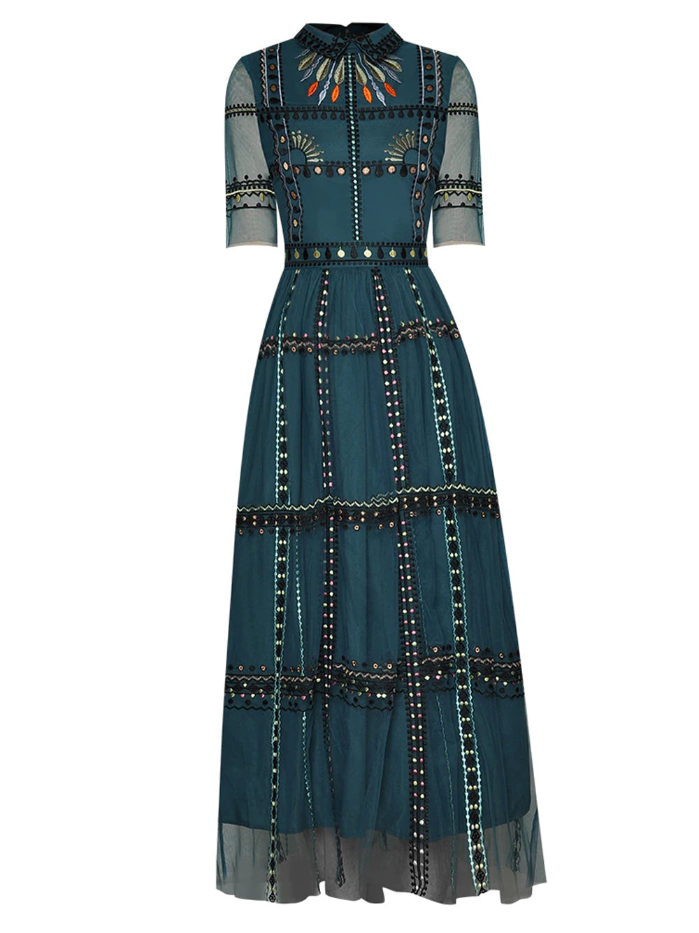 Green Collared Embroidered Sequin Mesh Short Sleeve A-Line Maxi Dress