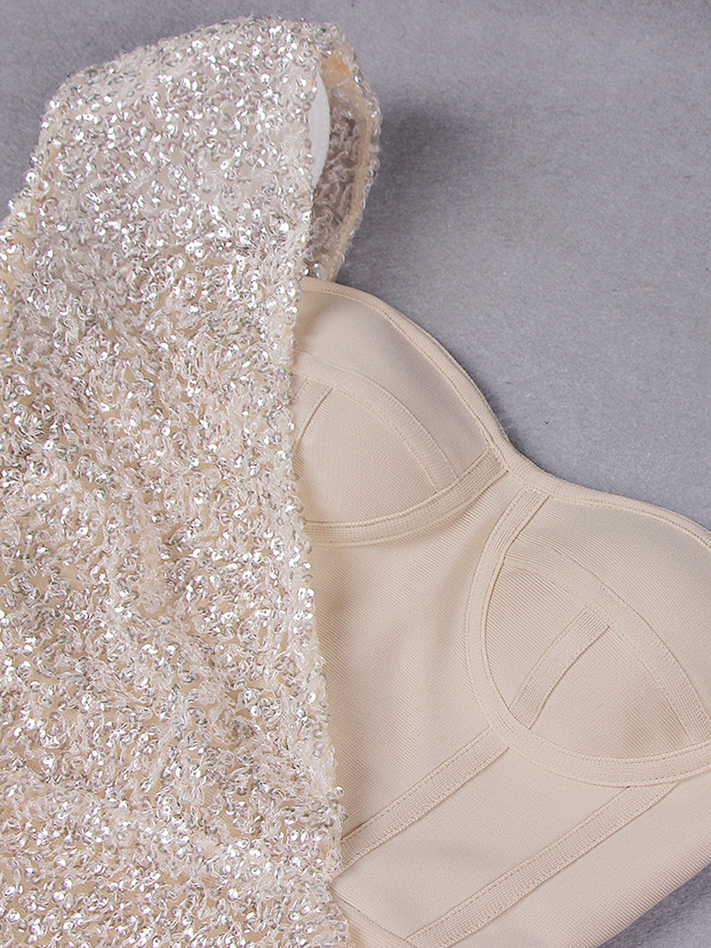 Beige One-Shoulder Sequin Long Sleeve Bodycon Mini Dress