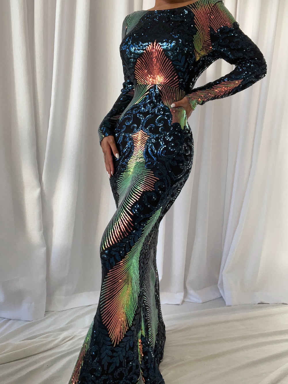 Multicolor Round Neck Long Sleeve Sequin Backless Mermaid Maxi Gown 4