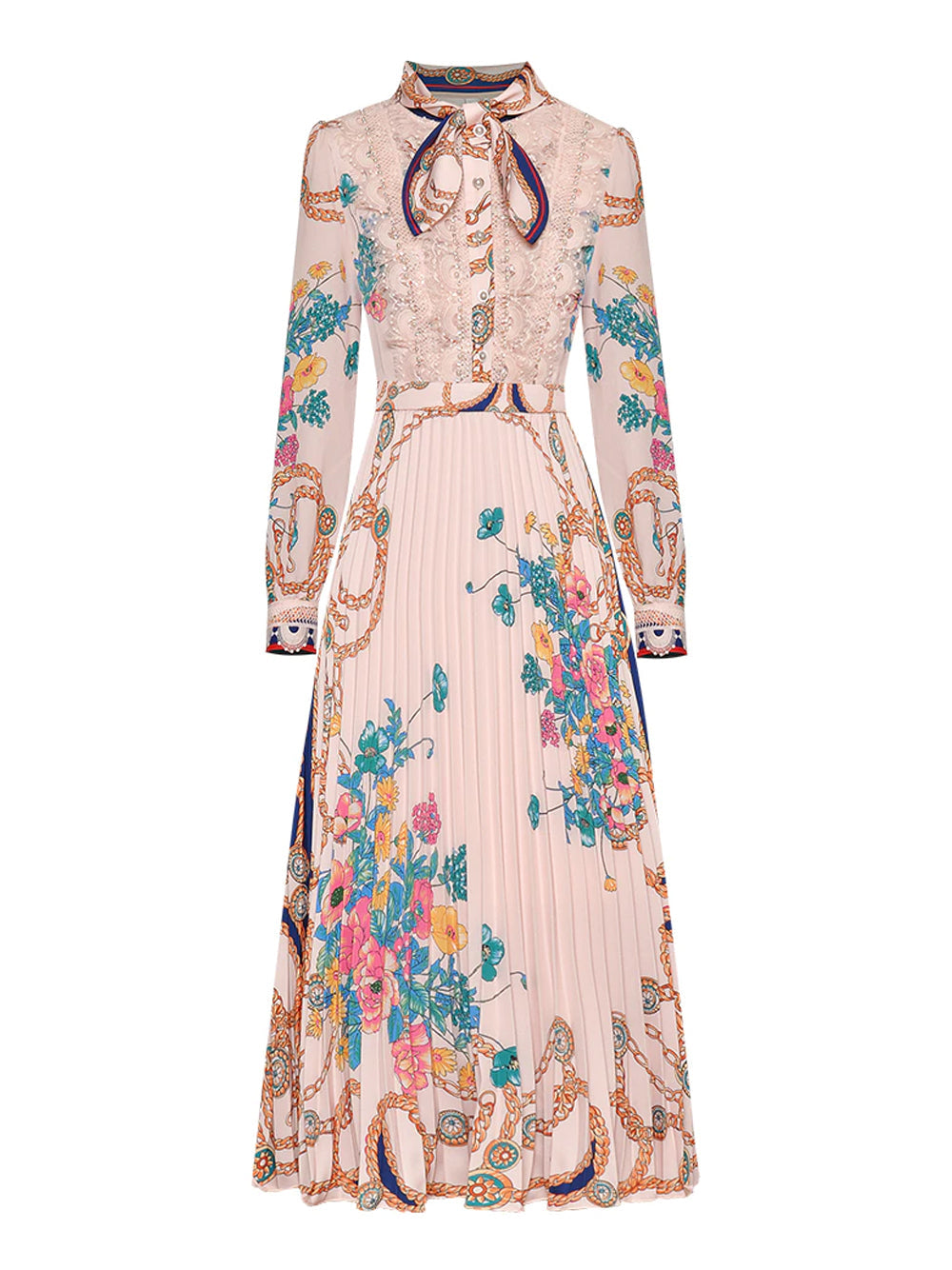 Collared Lace Trim Floral Baroque Print Long Sleeve Pleated Midi Dress 9