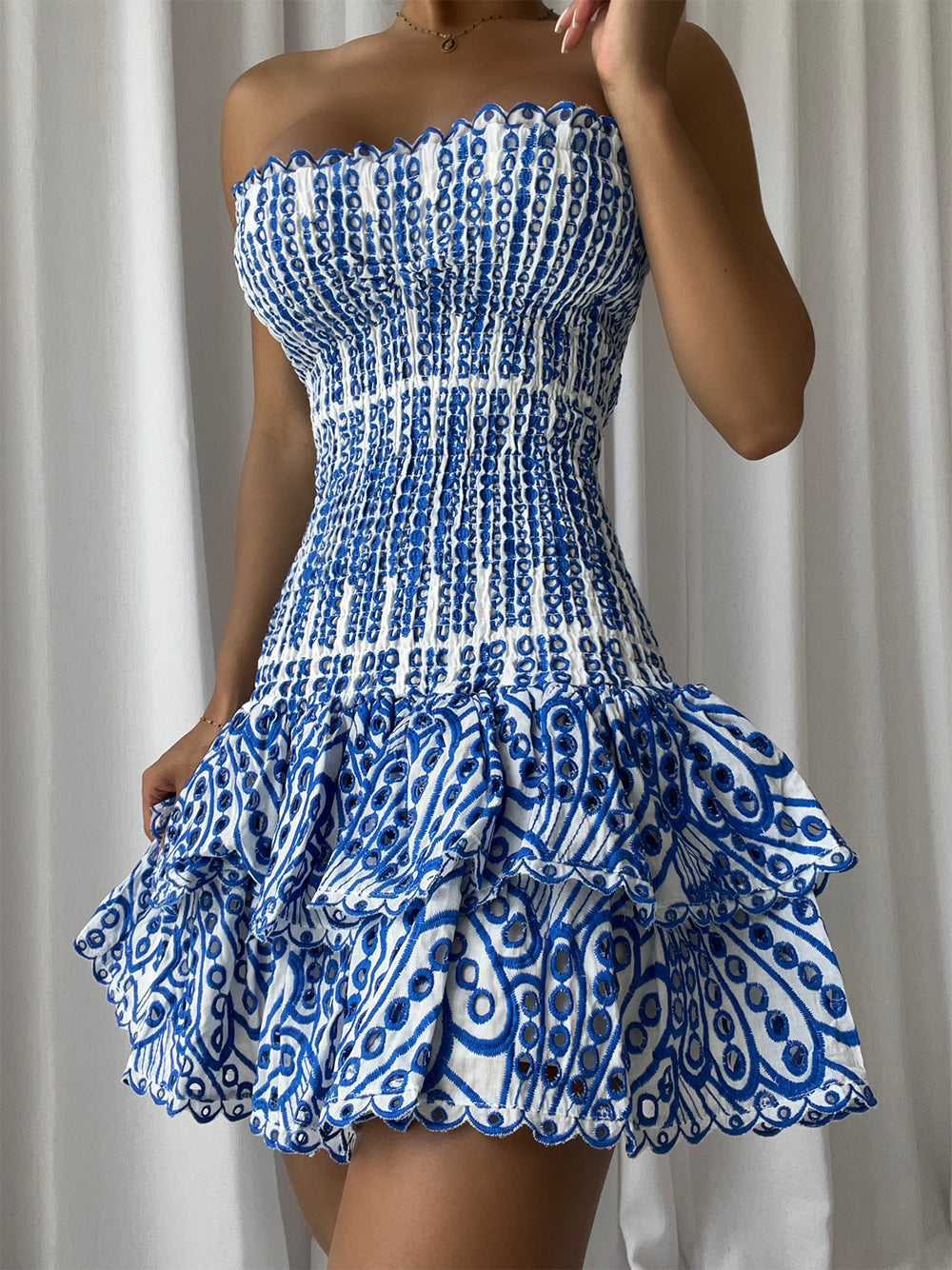 Strapless Shirred Bodice Eyelet Tiered Ruffle Bodycon Mini Dress 4