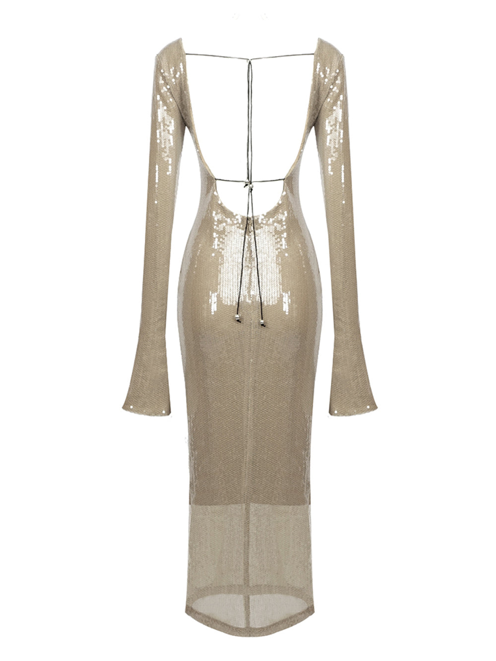 Light Brown Plunge Neck Sequin Lace-Up Long Sleeve Bodycon Maxi Dress 6