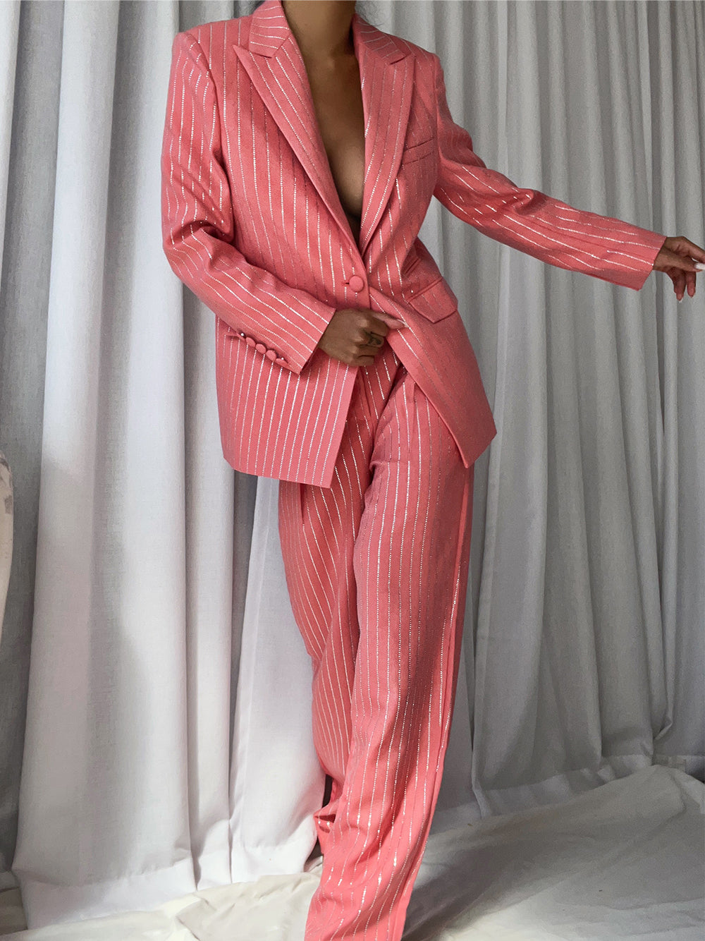 Pink Peak Lapel Rhinestone Pinstripe Oversized Blazer And Pants Set 8