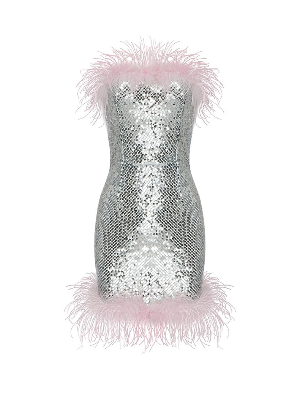 Silver Strapless Sequin Feather Trim Bodycon Mini Dress