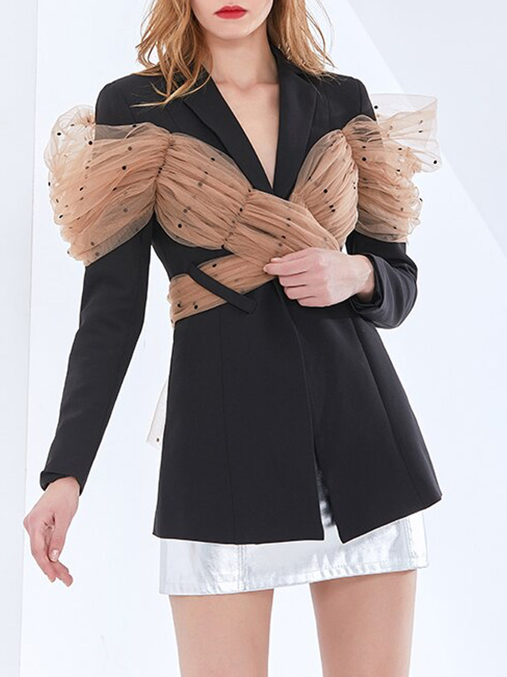 Black Notch Lapel Polka Dot Mesh Bow Wrap Blazer 13