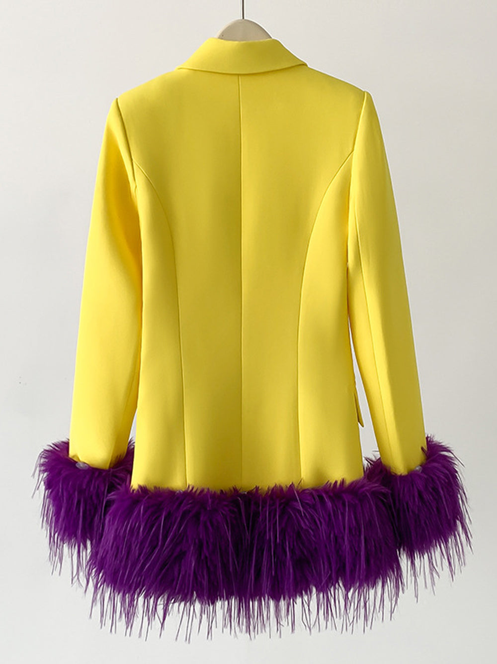 Yellow Peak Lapel Feather Trim Cuff Single Button Blazer