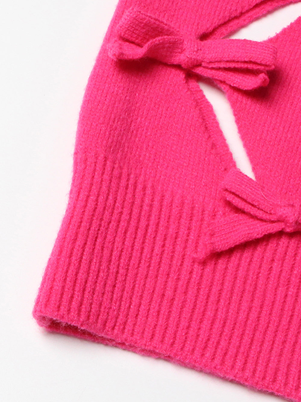 Fuchsia Round Neck Bow Cutout Long Sleeve Knit Sweater