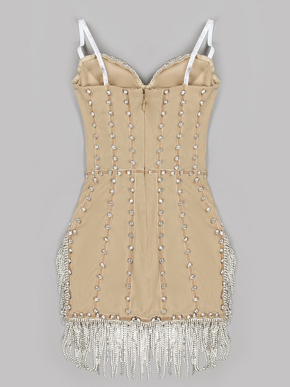 Beige Spaghetti Strap Rhinestone Beaded Fringe Bodycon Mini Dress
