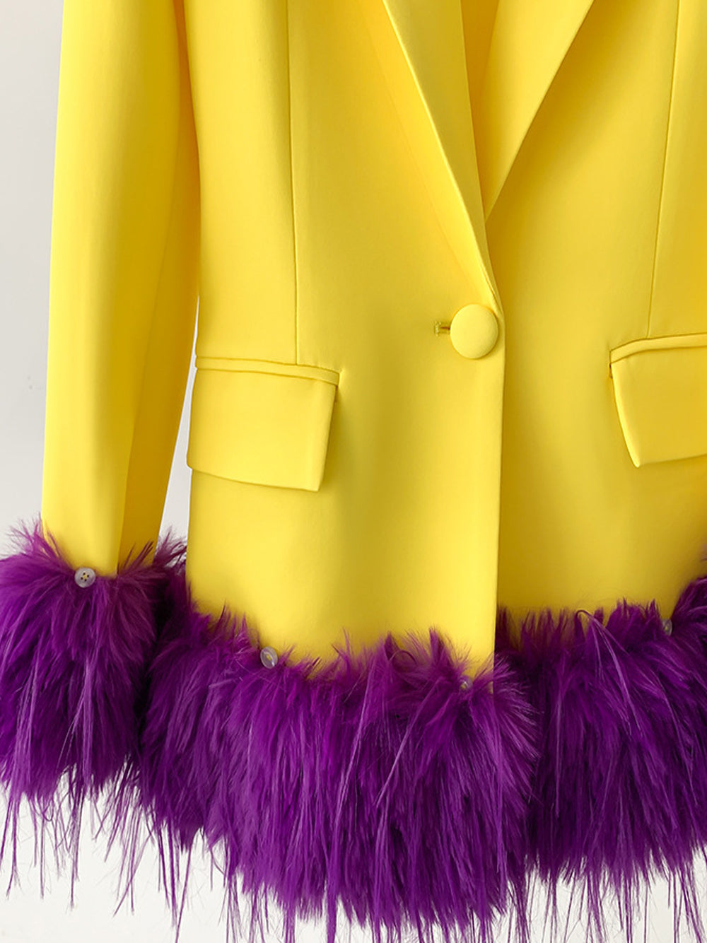 Yellow Peak Lapel Feather Trim Cuff Single Button Blazer