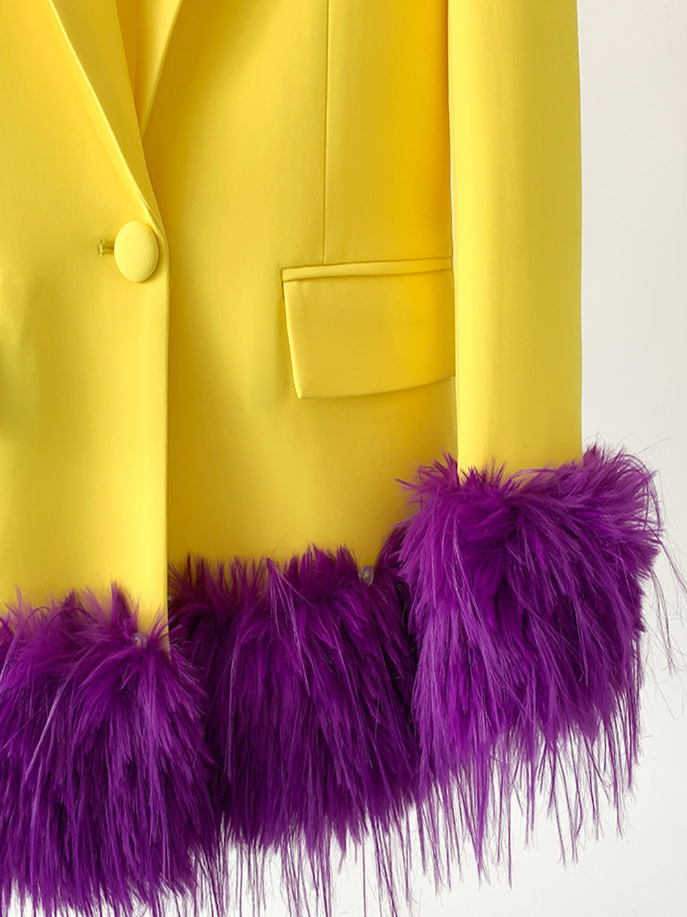 Yellow Peak Lapel Feather Trim Cuff Single Button Blazer