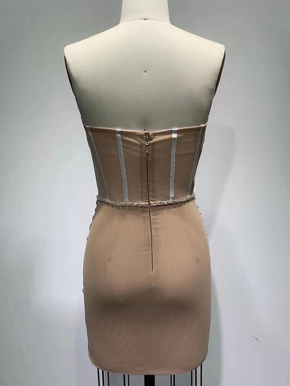 Beige Strapless Sequin Cup Pearl Draped Illusion Corset Bodycon Mini Dress 9