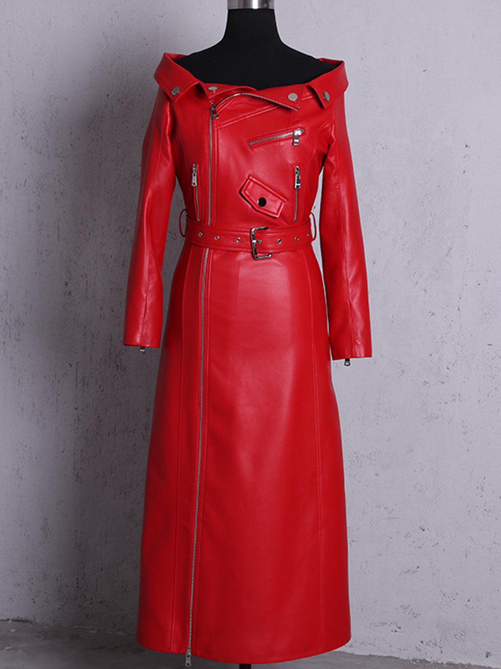 Off-Shoulder Long Sleeve Zip Front Belted Leather High Slit Maxi Dress 9