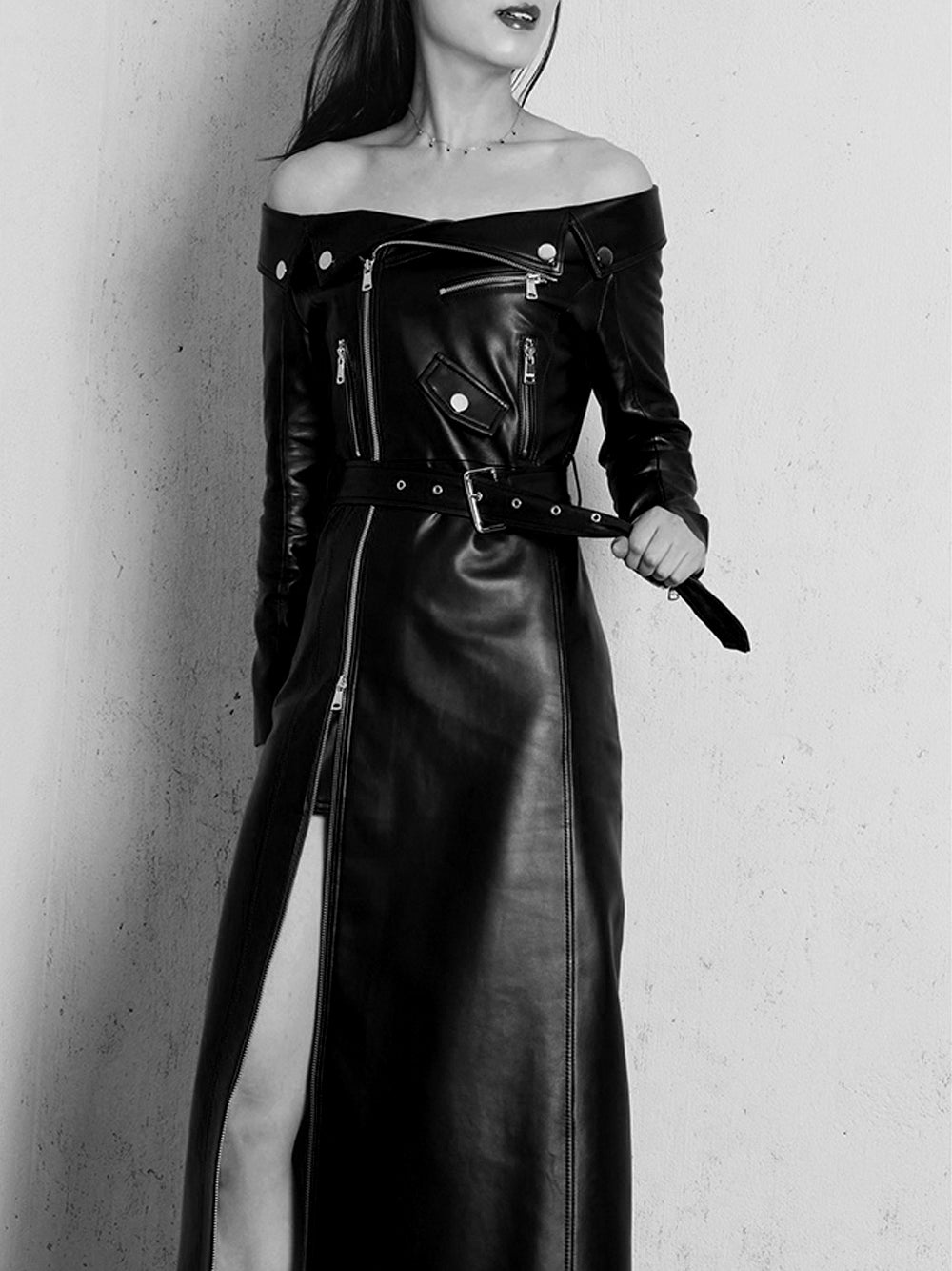 Off-Shoulder Long Sleeve Zip Front Belted Leather High Slit Maxi Dress 7
