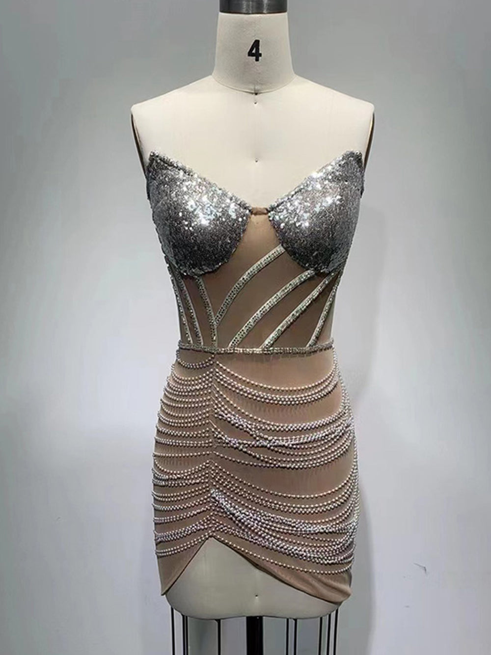 Beige Strapless Sequin Cup Pearl Draped Illusion Corset Bodycon Mini Dress 10