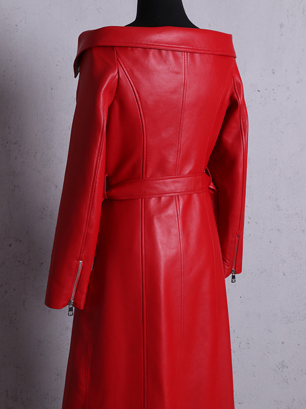 Off-Shoulder Long Sleeve Zip Front Belted Leather High Slit Maxi Dress 10