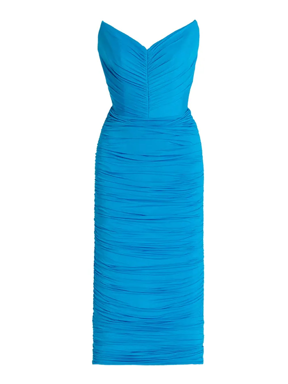 Blue Strapless Sweetheart Ruched Bodycon Midi Dress