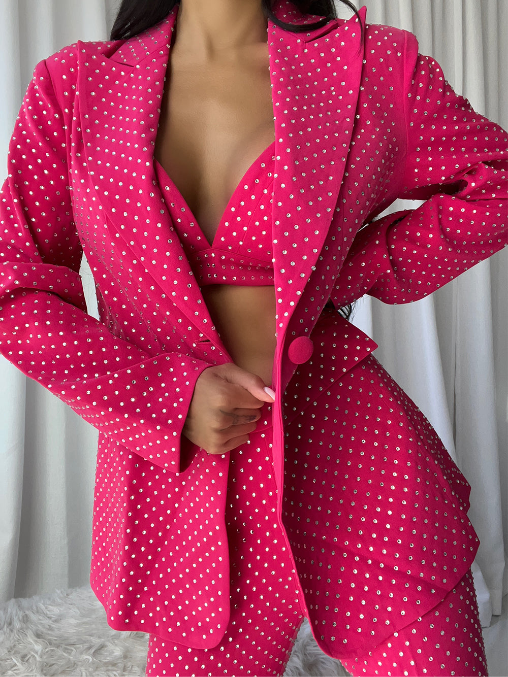 Fuchsia Notch Lapel Rhinestone Blazer Bralette Flared Pants Set 6