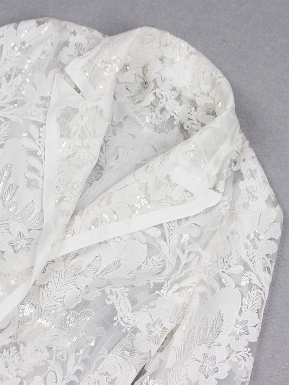 White Floral Lace Sheer Blazer and Flared Pants Set 11