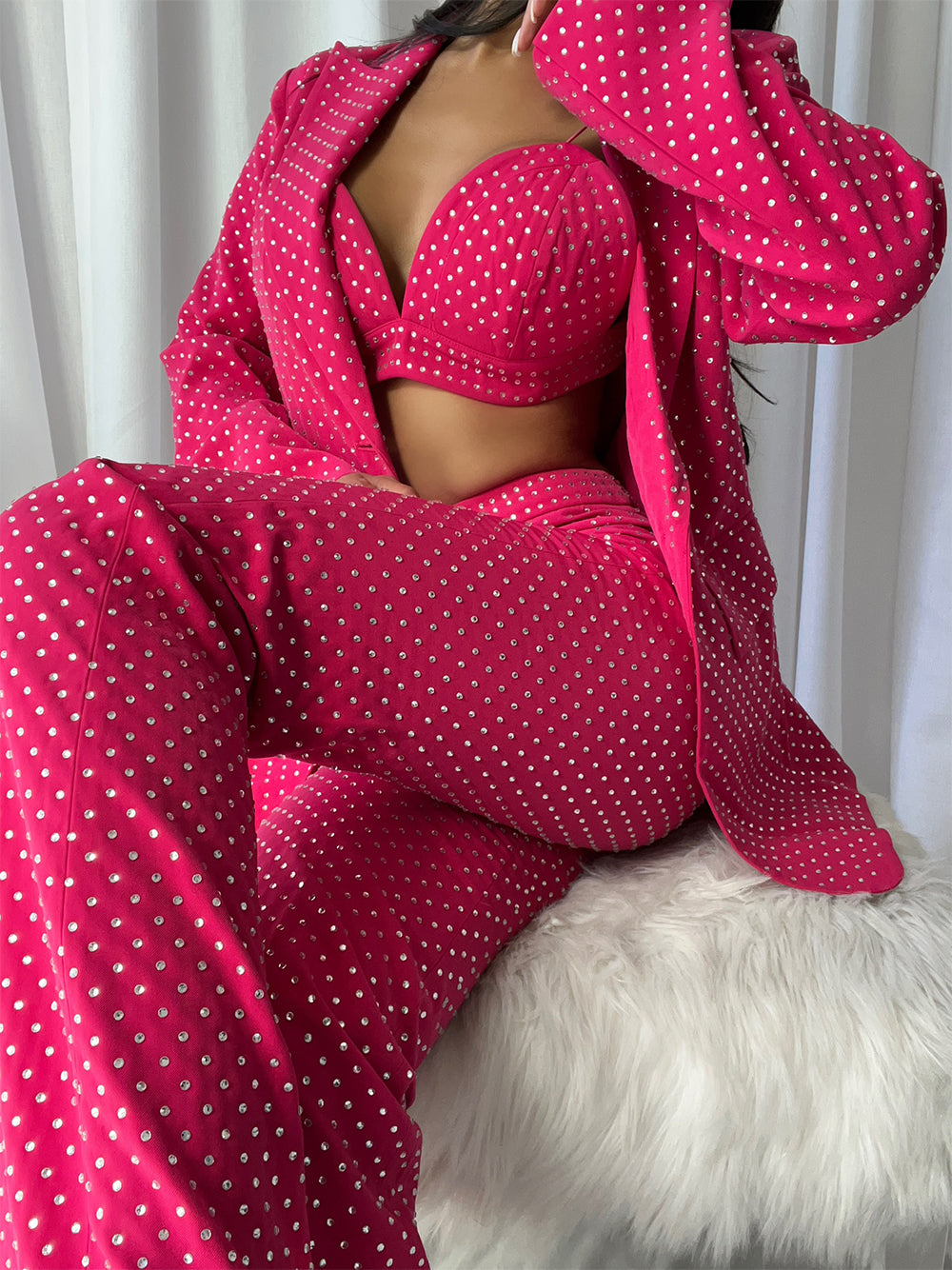 Fuchsia Notch Lapel Rhinestone Blazer Bralette Flared Pants Set 2