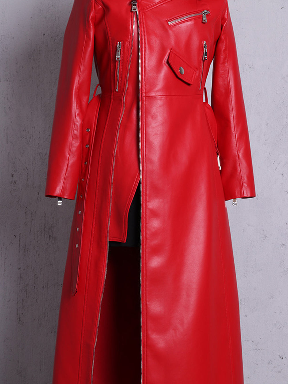 Off-Shoulder Long Sleeve Zip Front Belted Leather High Slit Maxi Dress 11