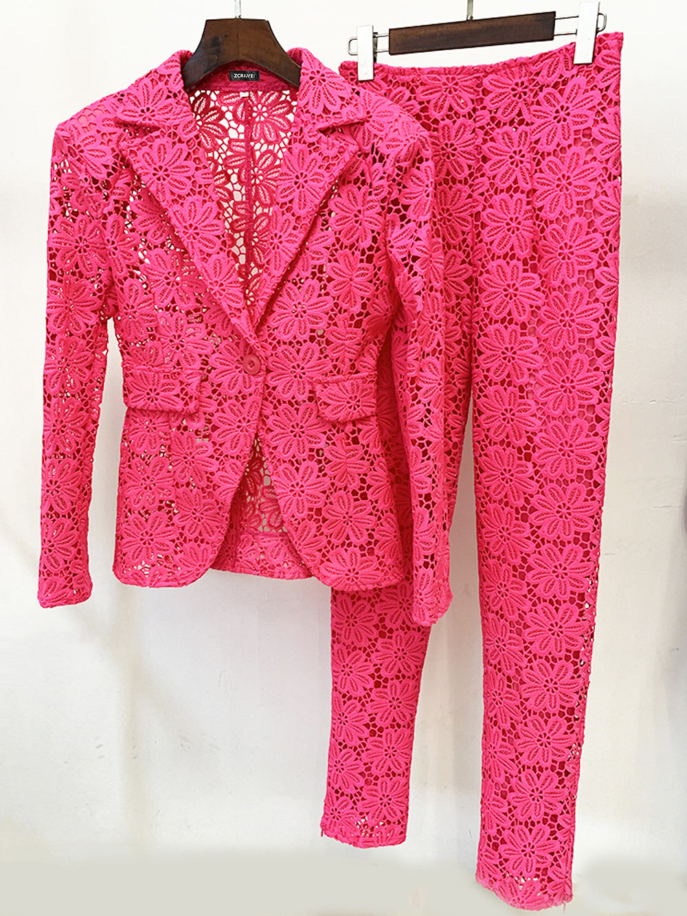 Fuchsia Notch Lapel Floral Lace Blazer And Pants Set 7