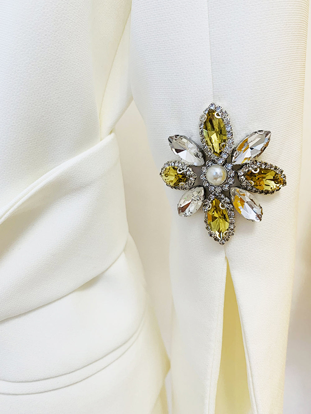 White Peak Lapel Rhinestone Embellished Belted Split Sleeve Blazer 8