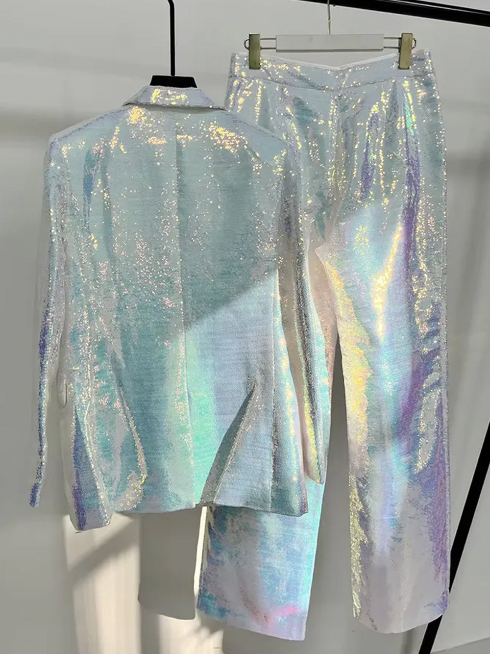 Silver Lapel Sequin Blazer And Pants Set