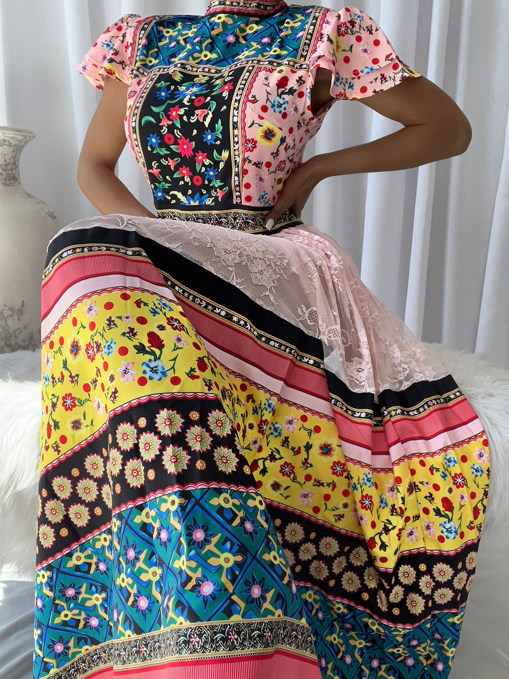 Pink Mock Neck Floral Patchwork Flutter Sleeve Lace Tiered A-Line Maxi Dress
