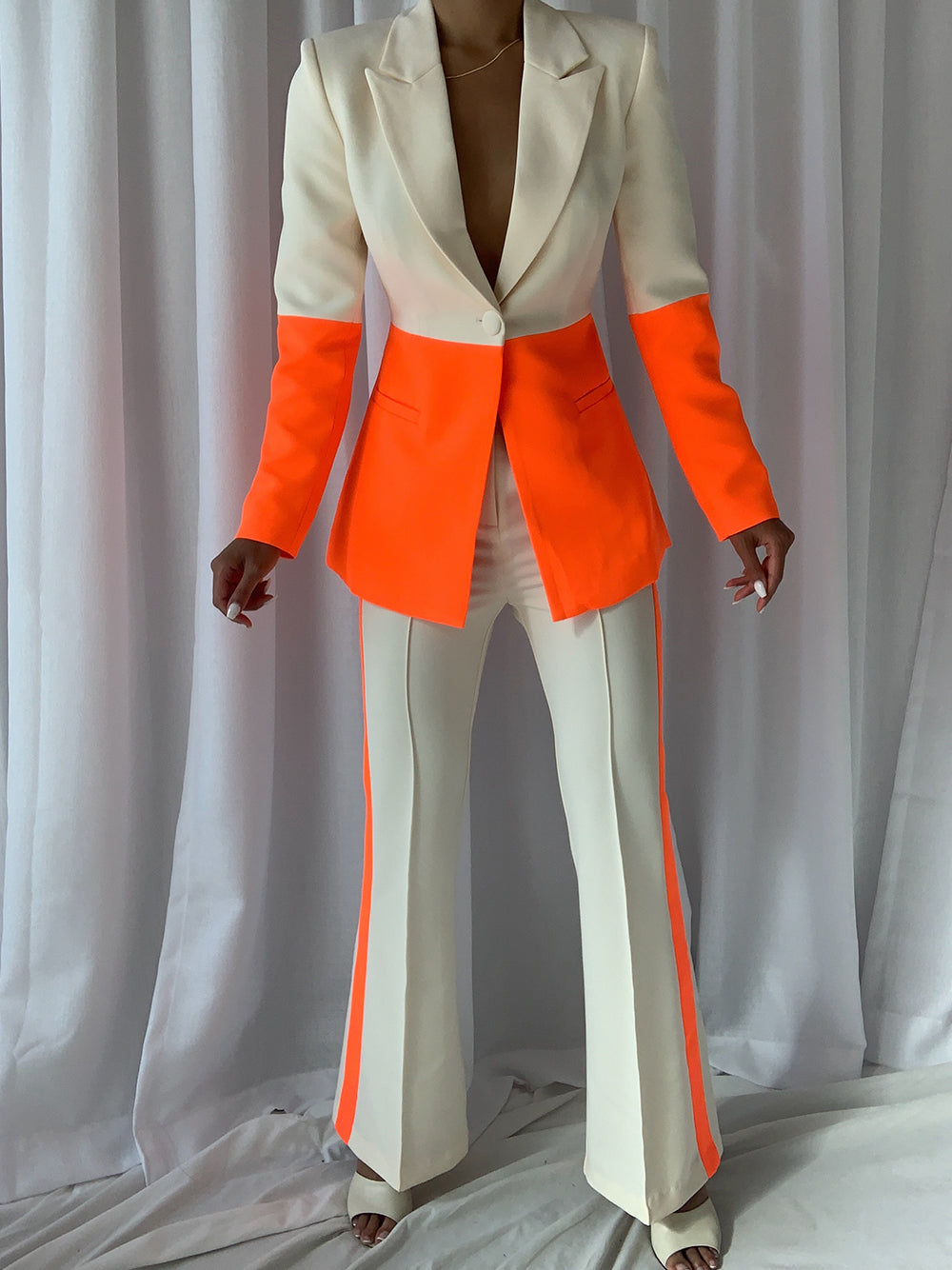 Orange Notch Lapel Color Block Blazer And Flare Pants Set 5