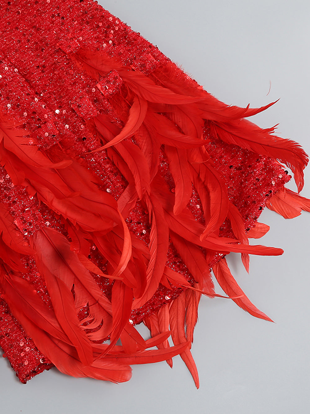 Red Strapless Sequin Feather Trim Bodycon Mini Dress