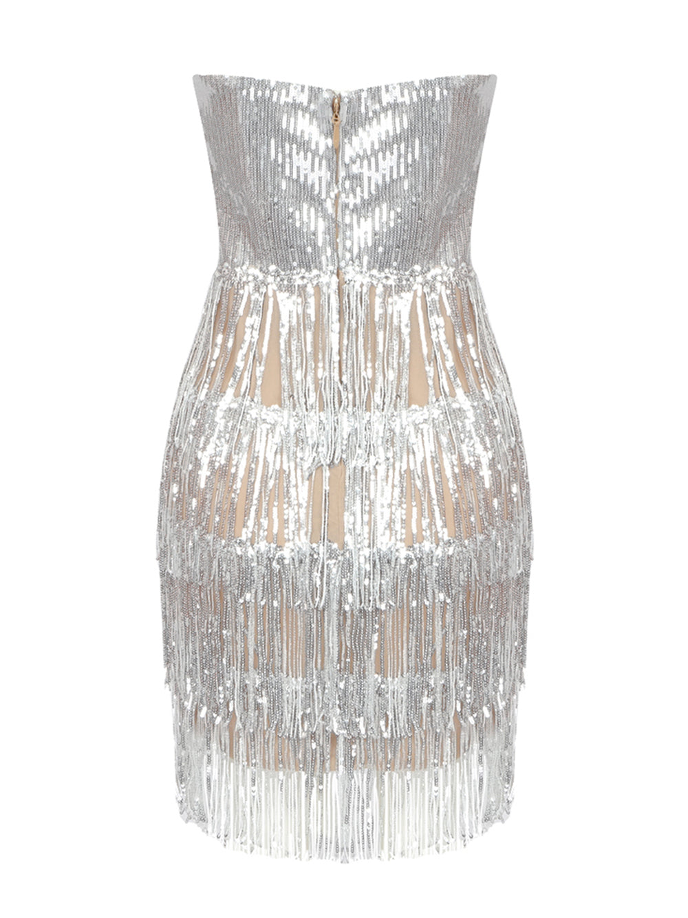 Silver V-Neck Rhinestone Sequin Fringe Tiered Bodycon Mini Dress 2