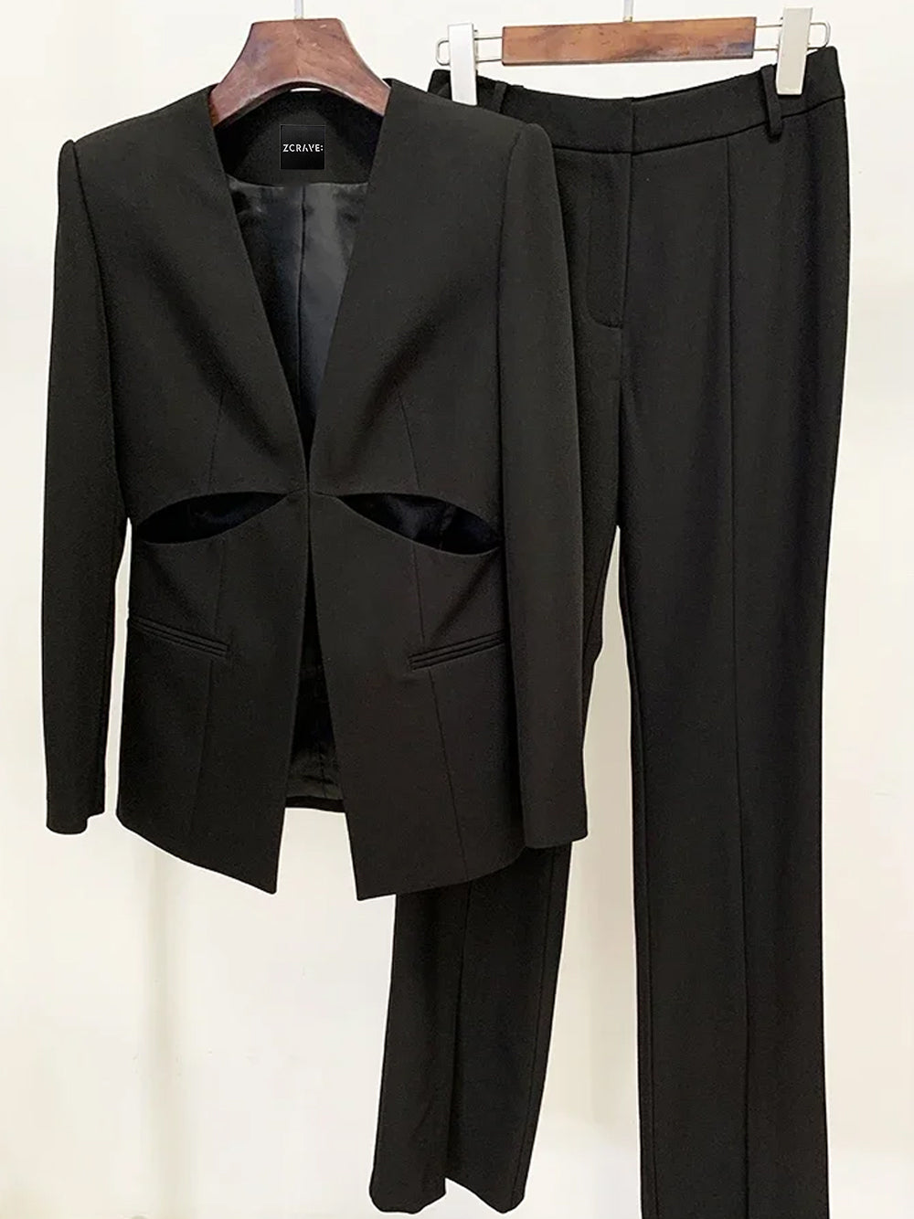 Black Collarless Plunge Cutout Blazer and Split Leg Pants Set