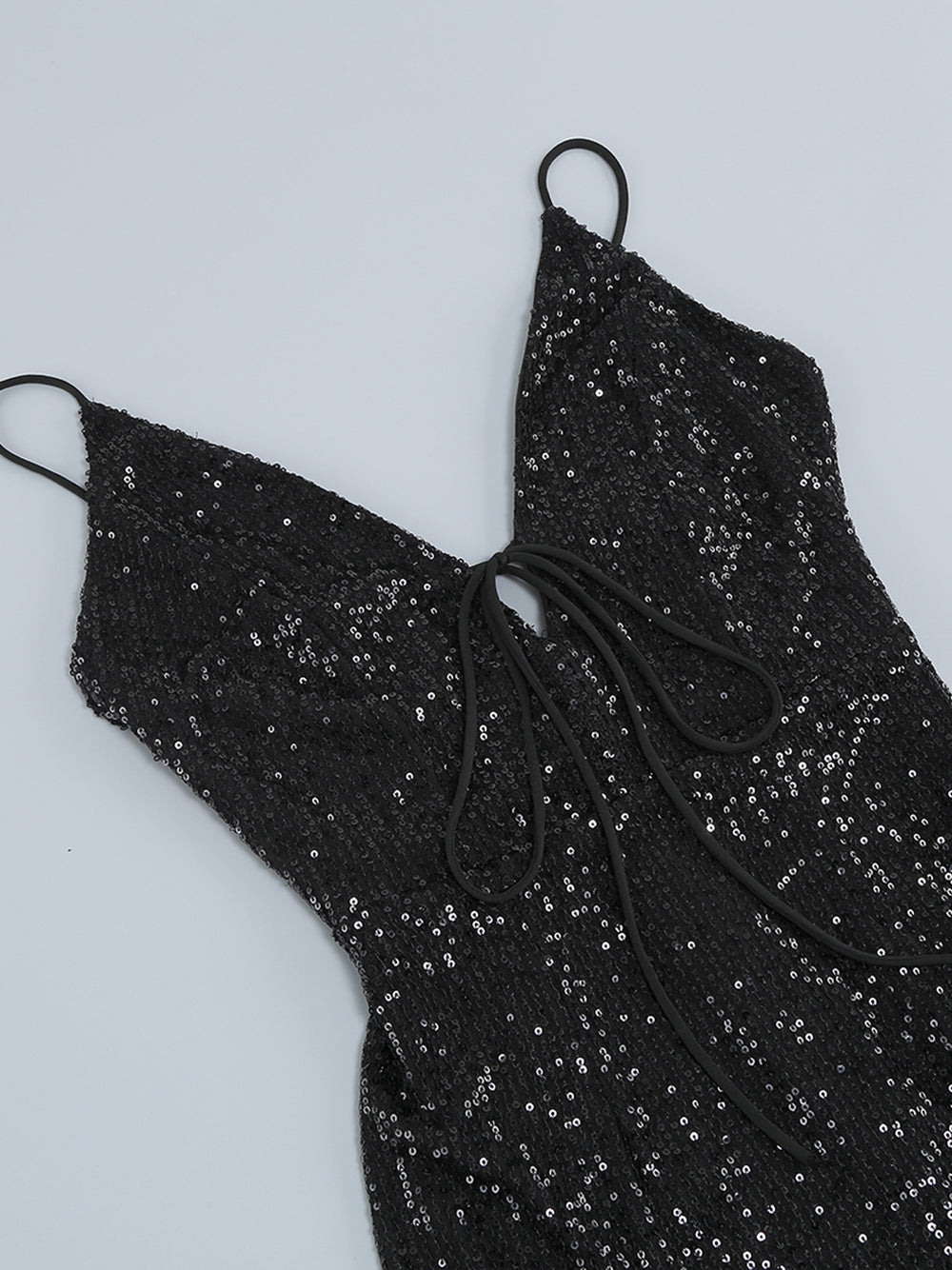 Black Spaghetti Strap Plunge Sequin Feather Trim Bodycon Mini Dress 3