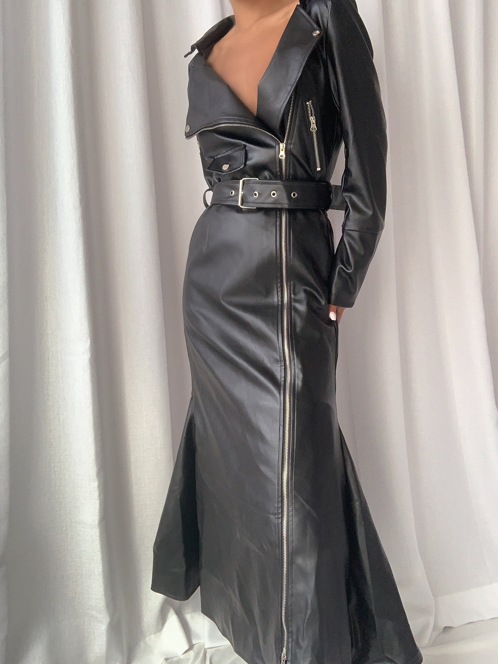 Off-Shoulder Long Sleeve Zip Front Belted Leather High Slit Maxi Dress 5