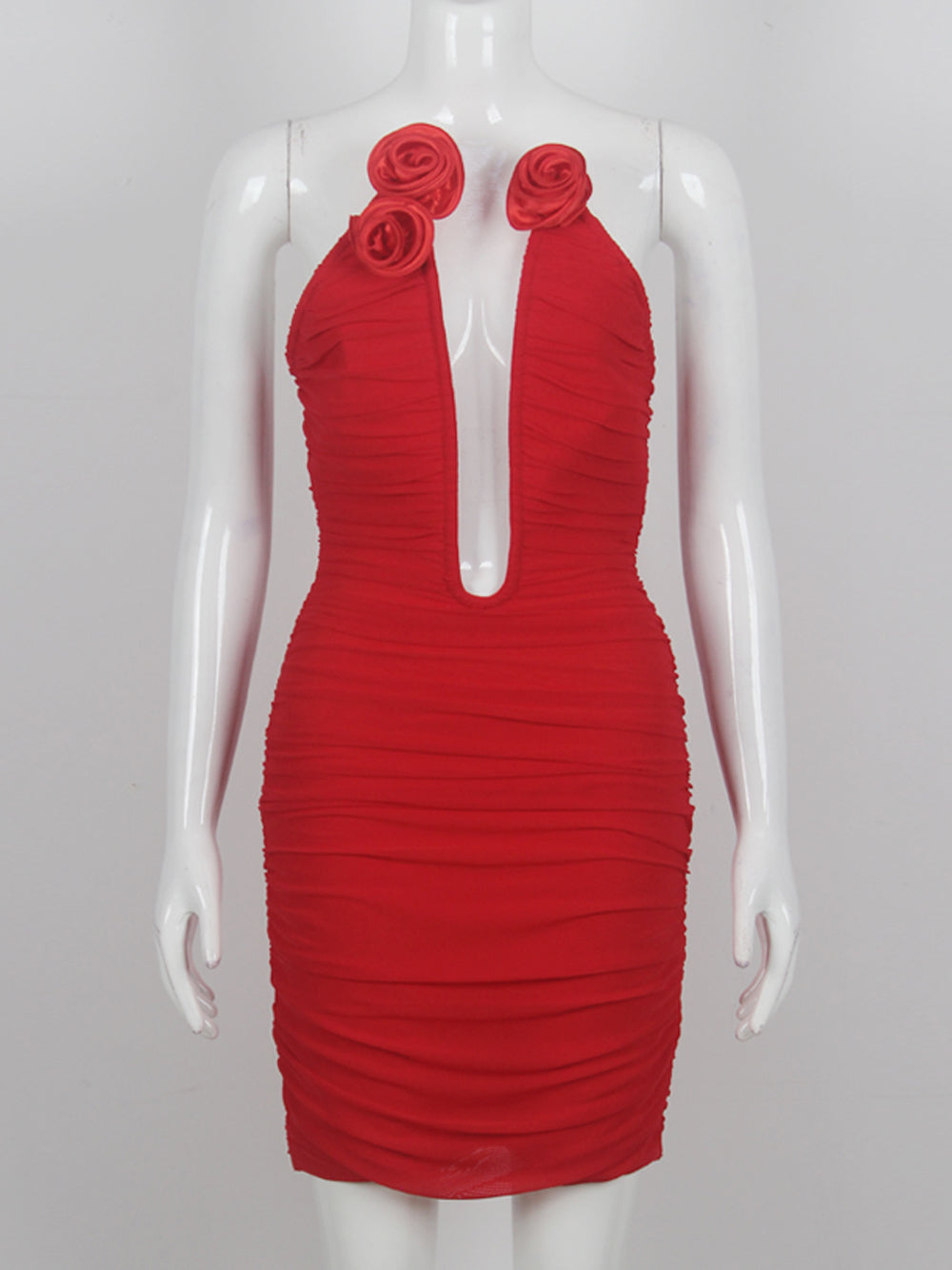 Red Plunge Neck Rosette Applique Halter Ruched Bodycon Mini Dress