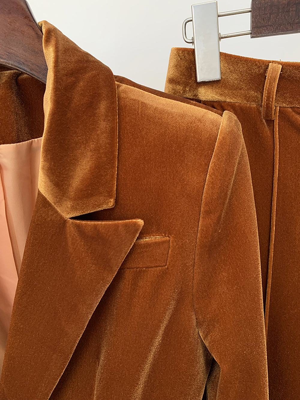 Brown Peak Lapel Velvet Blazer Flared Pants Set